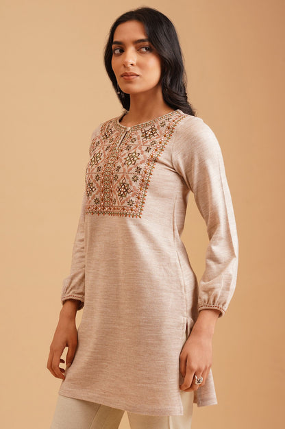 Beige Embroidered Mirror Work Acrylic Straight Winter Top