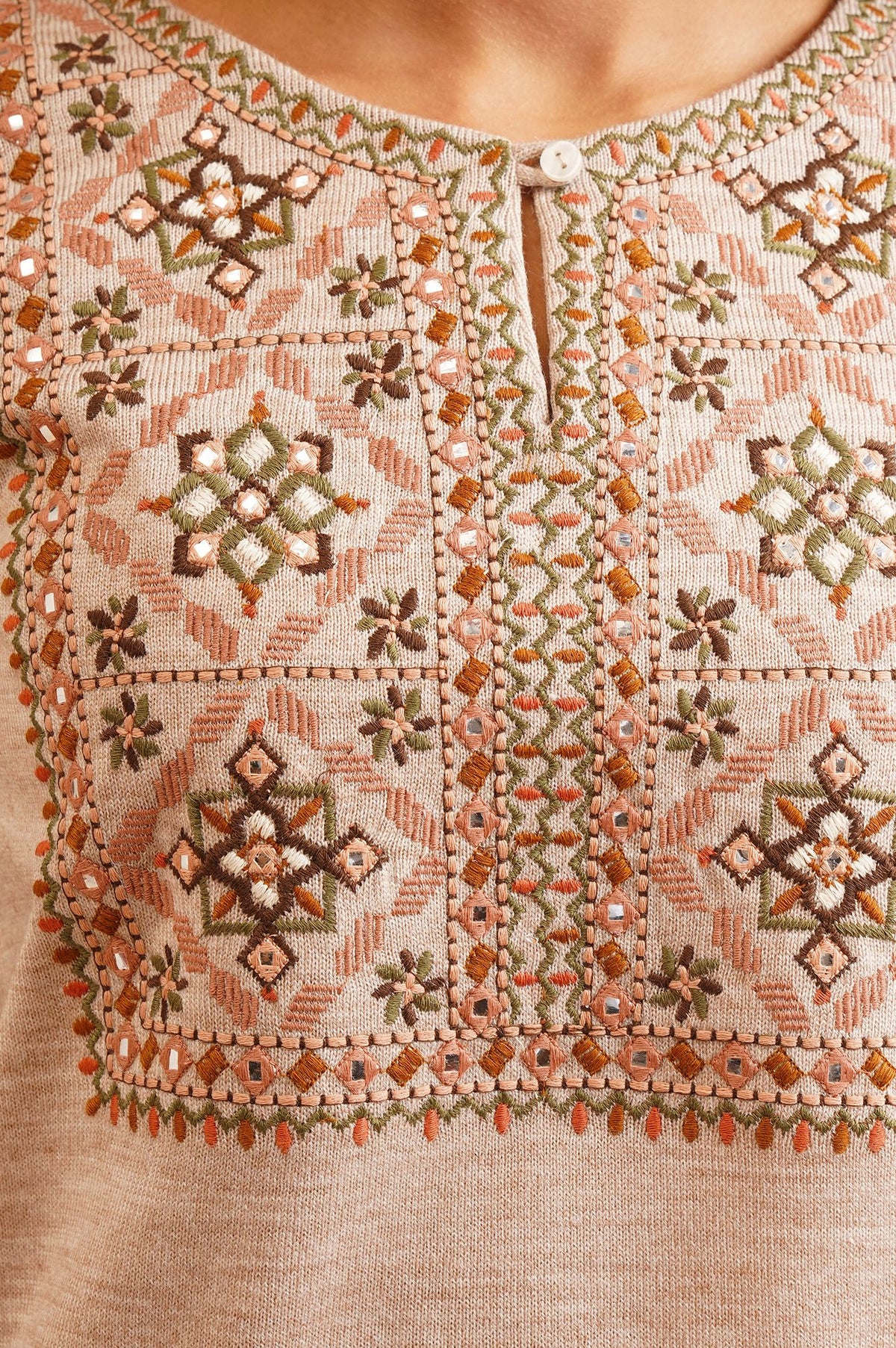Beige Embroidered Mirror Work Acrylic Straight Winter Top