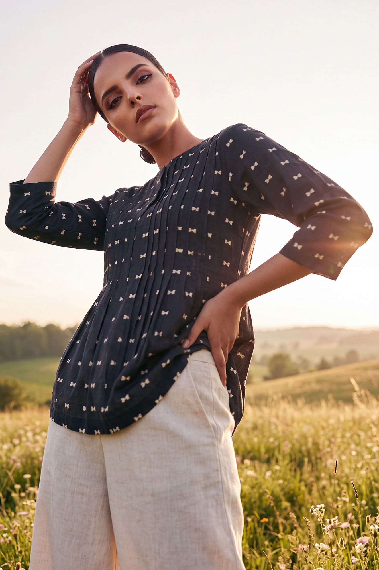 Core Casual Printed Pure Cotton Pleated Top