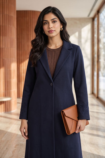 Navy Blue Embroidered Straight Winter Jacket