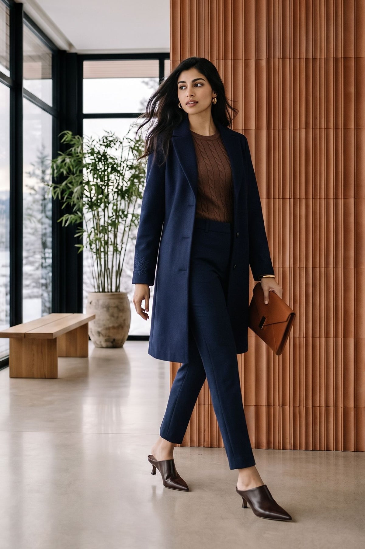 Navy Blue Embroidered Straight Winter Jacket