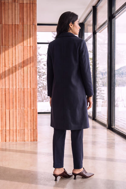 Navy Blue Embroidered Straight Winter Jacket