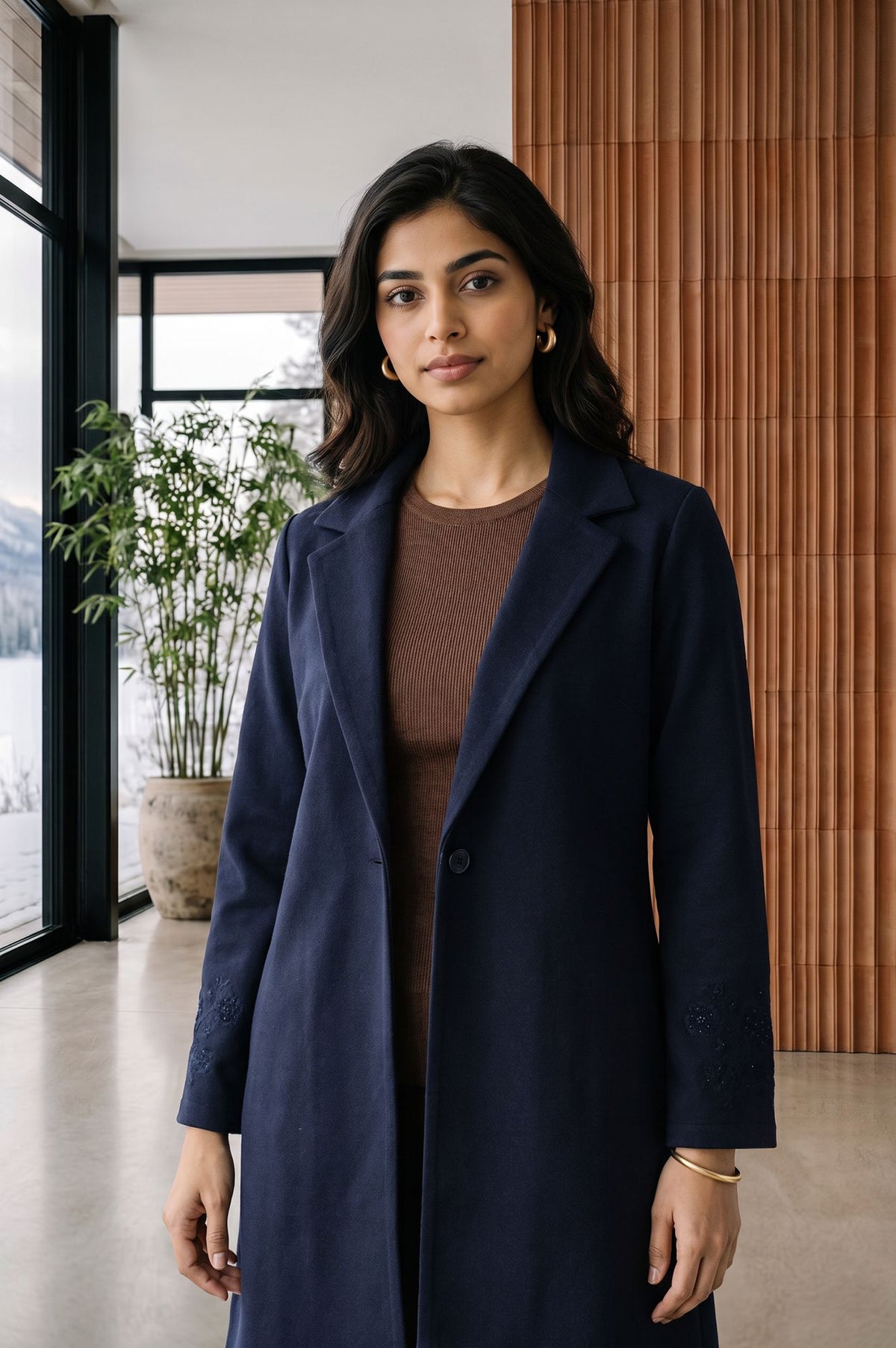 Navy Blue Embroidered Straight Winter Jacket