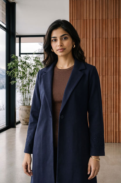 Navy Blue Embroidered Straight Winter Jacket