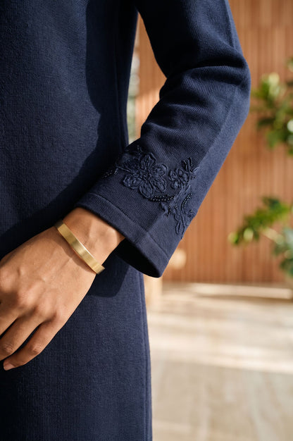 Navy Blue Embroidered Straight Winter Jacket