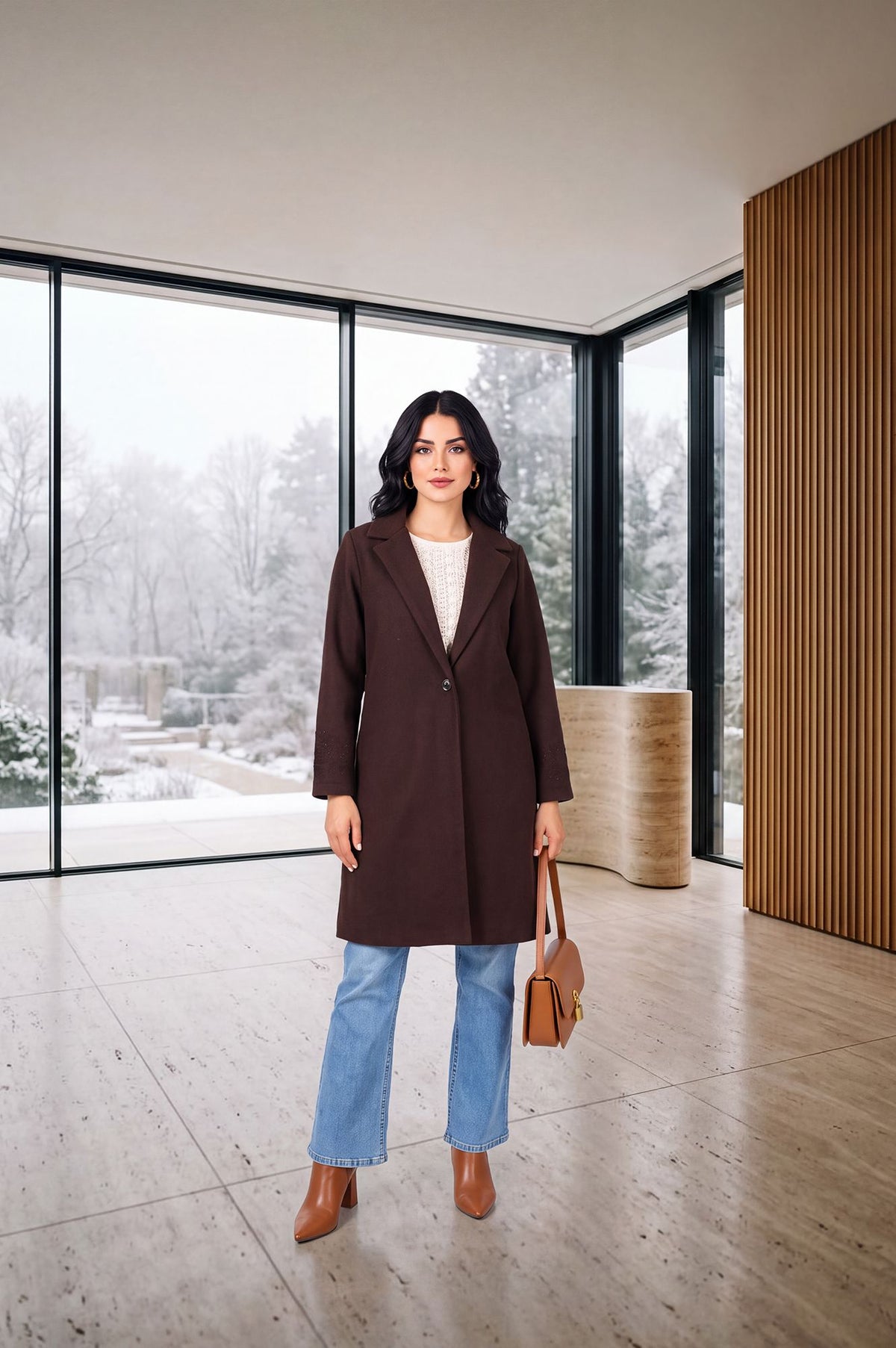 Coffee Brown Solid Embroidered Brushed Knit Longline Jacket