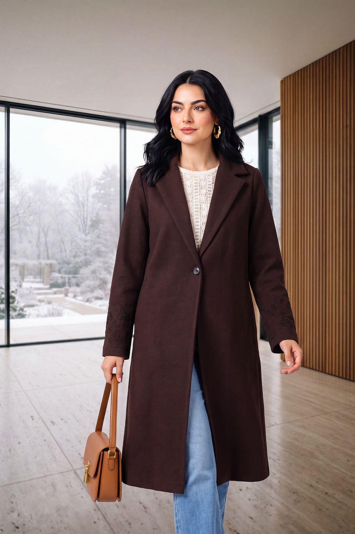 Coffee Brown Solid Embroidered Brushed Knit Longline Jacket