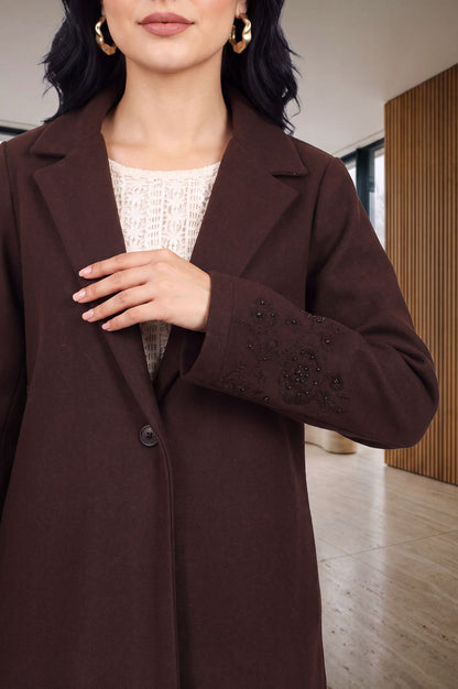 Coffee Brown Solid Embroidered Brushed Knit Longline Jacket