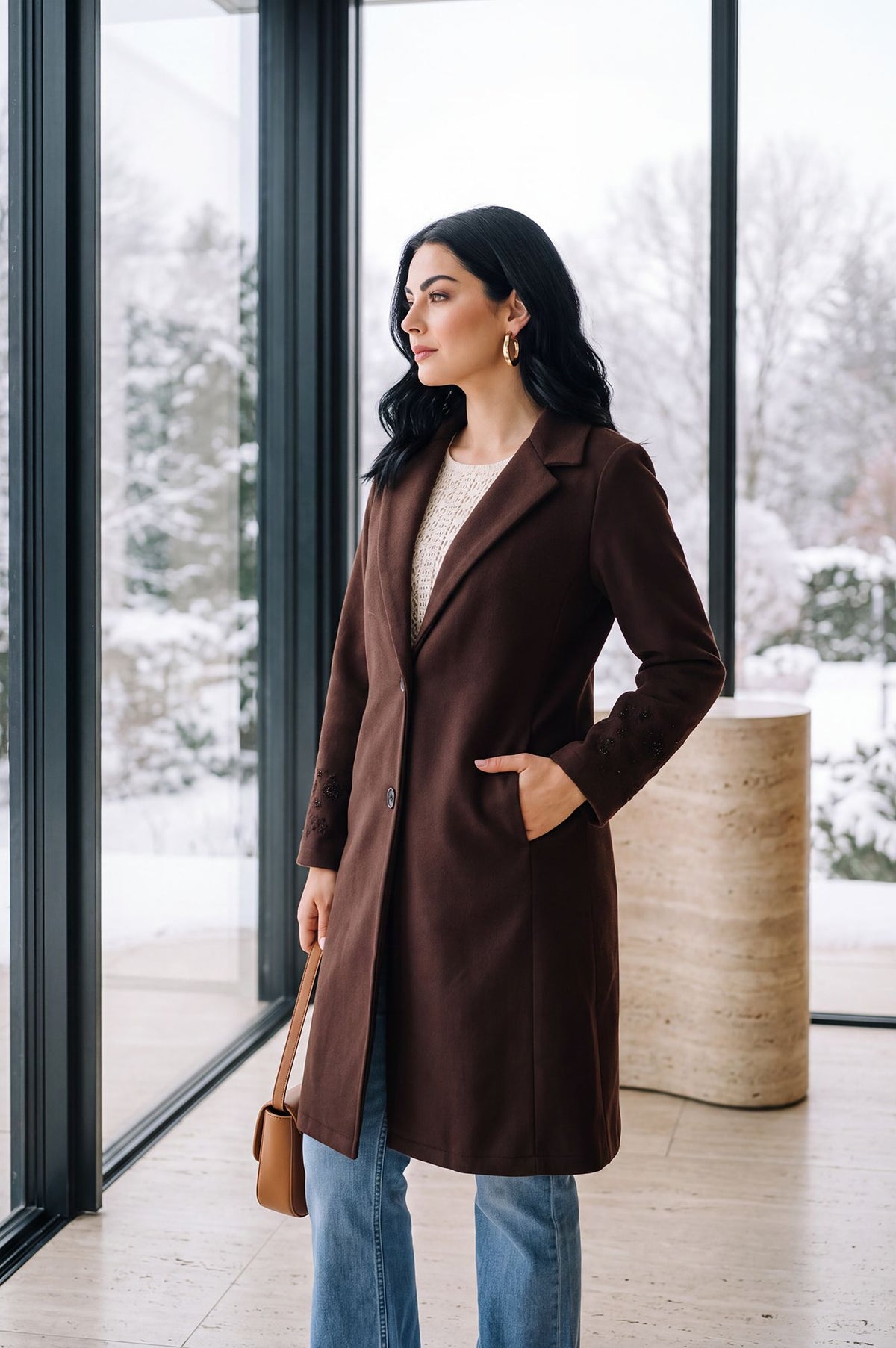 Coffee Brown Solid Embroidered Brushed Knit Longline Jacket