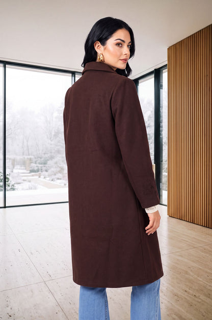 Coffee Brown Solid Embroidered Brushed Knit Longline Jacket
