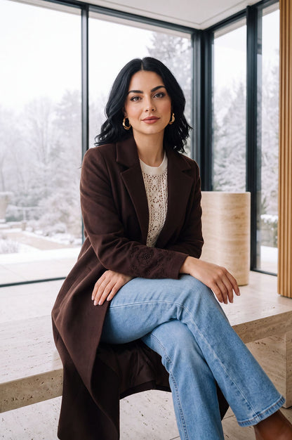 Coffee Brown Solid Embroidered Brushed Knit Longline Jacket