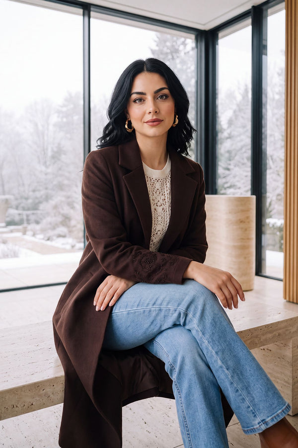 Coffee Brown Solid Embroidered Brushed Knit Longline Jacket
