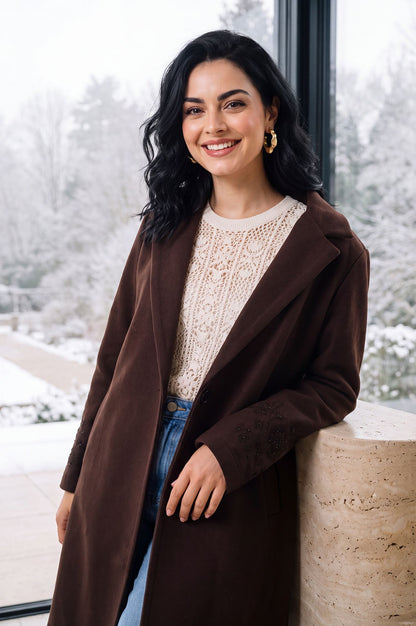 Coffee Brown Solid Embroidered Brushed Knit Longline Jacket