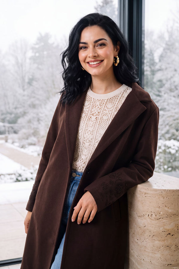 Coffee Brown Solid Embroidered Brushed Knit Longline Jacket