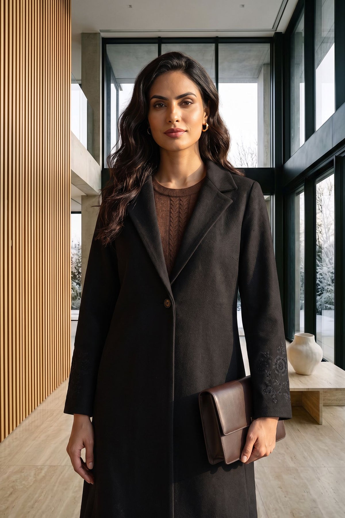Black Embroidered Straight Winter Jacket