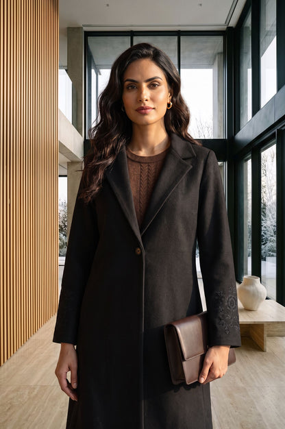 Black Embroidered Straight Winter Jacket