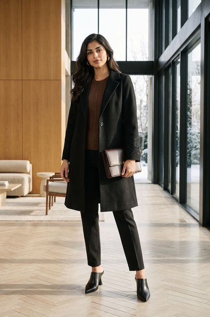 Black Embroidered Straight Winter Jacket