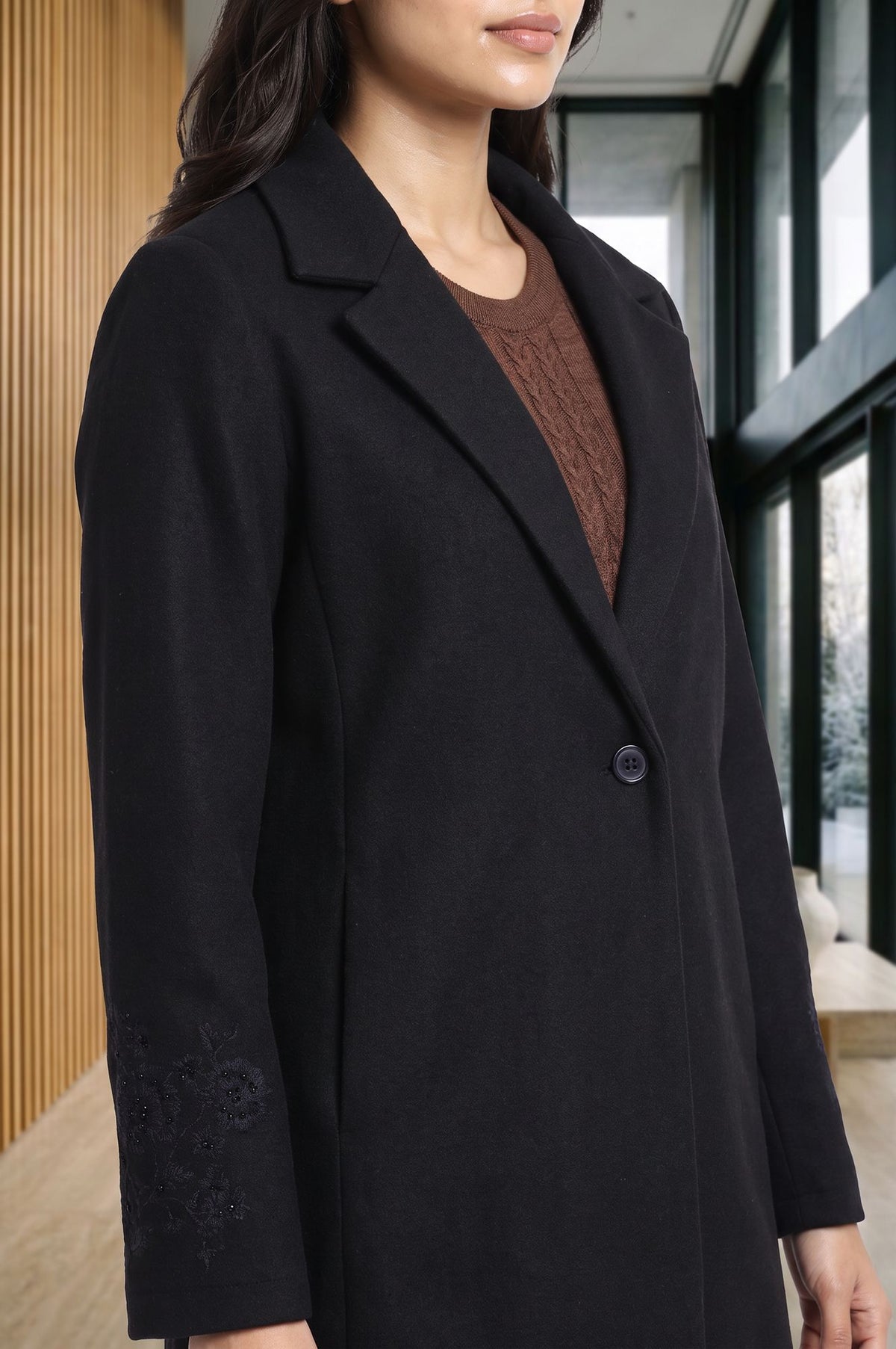 Black Embroidered Straight Winter Jacket