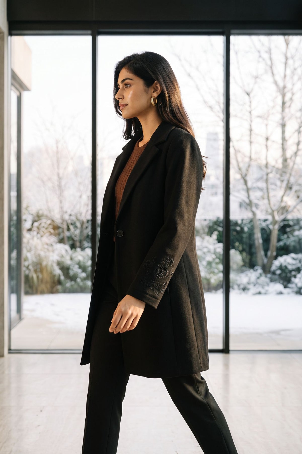 Black Embroidered Straight Winter Jacket