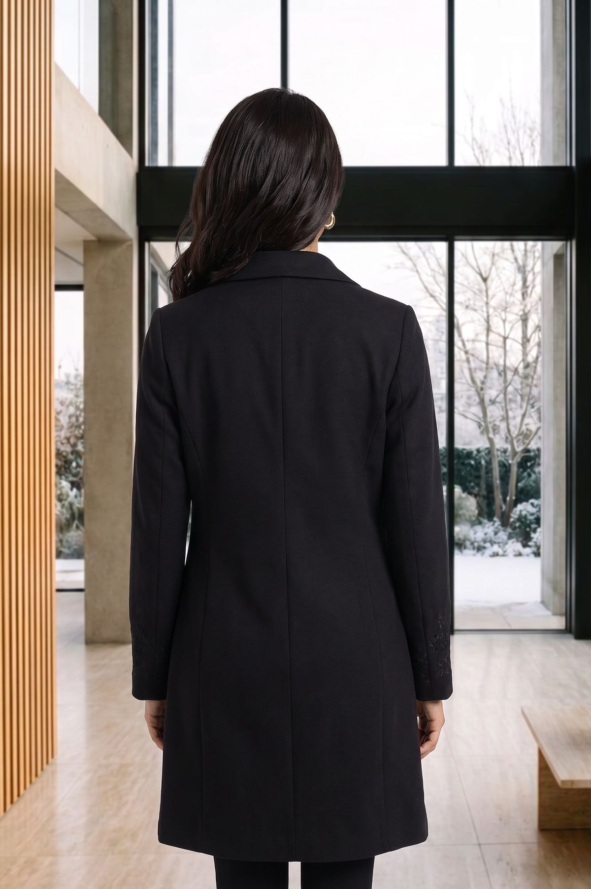 Black Embroidered Straight Winter Jacket