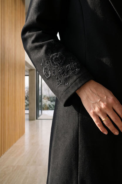 Black Embroidered Straight Winter Jacket
