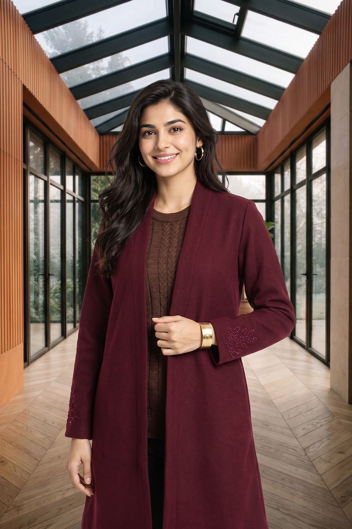 Maroon Thread Embroidered Straight Winter Jacket