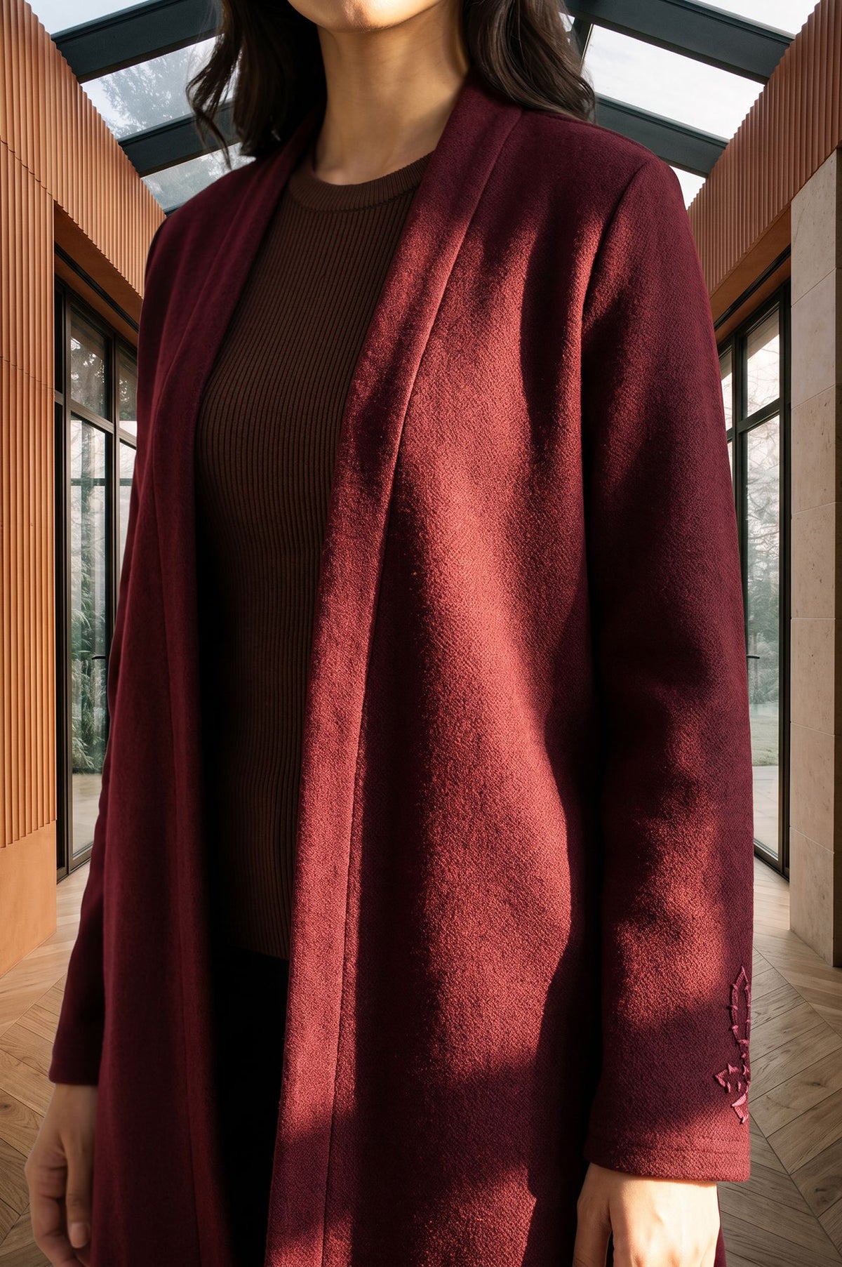 Maroon Thread Embroidered Straight Winter Jacket