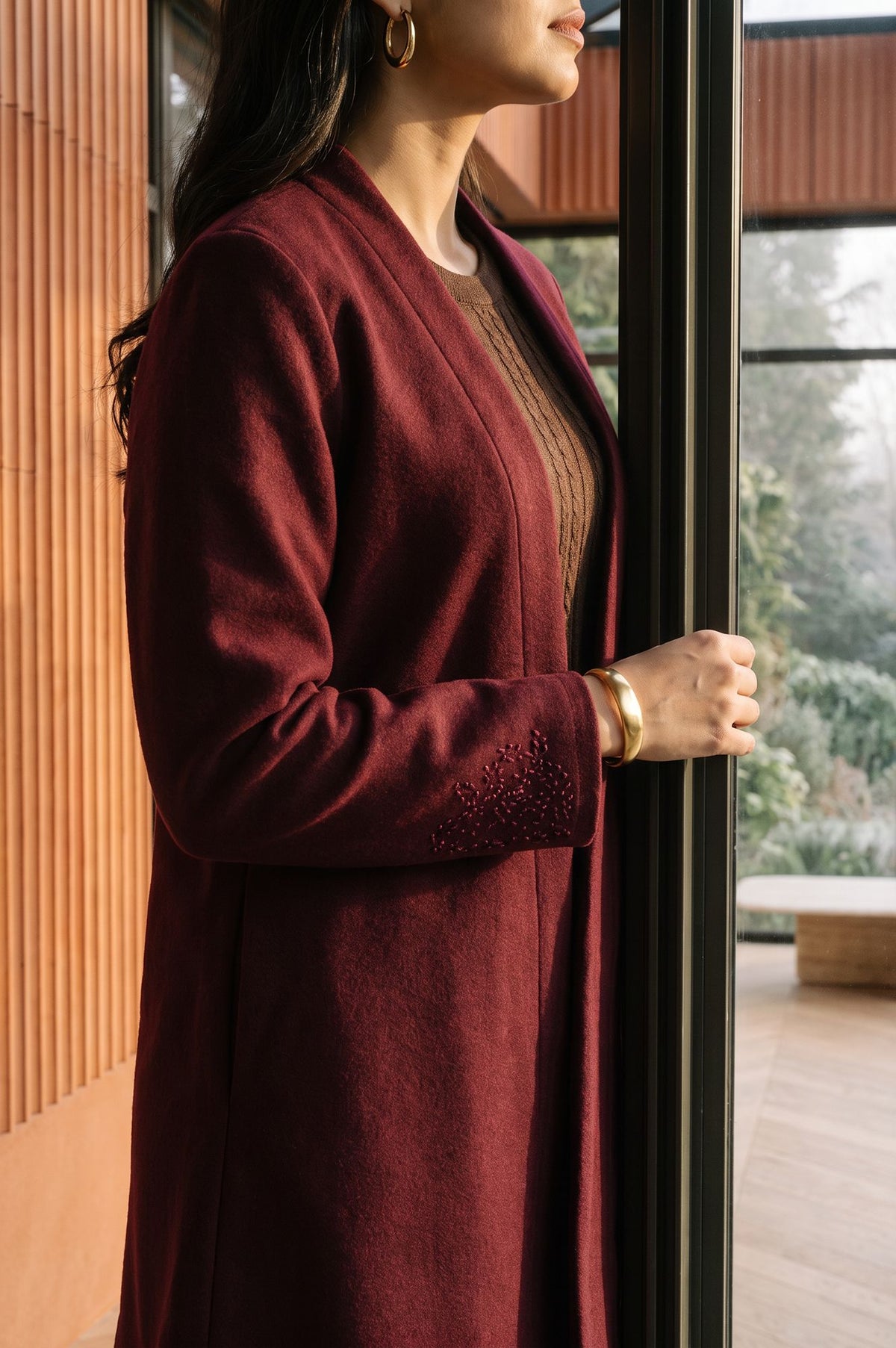 Maroon Thread Embroidered Straight Winter Jacket
