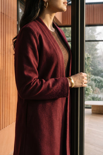 Maroon Thread Embroidered Straight Winter Jacket