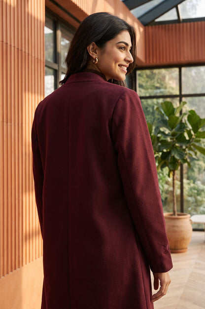 Maroon Thread Embroidered Straight Winter Jacket
