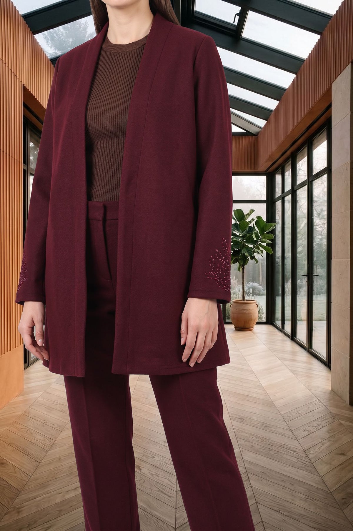 Maroon Thread Embroidered Straight Winter Jacket