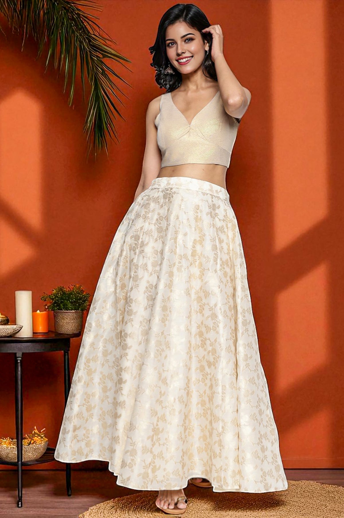 Cream Yarn Dyed Printed Jacquard BD Skirt - S