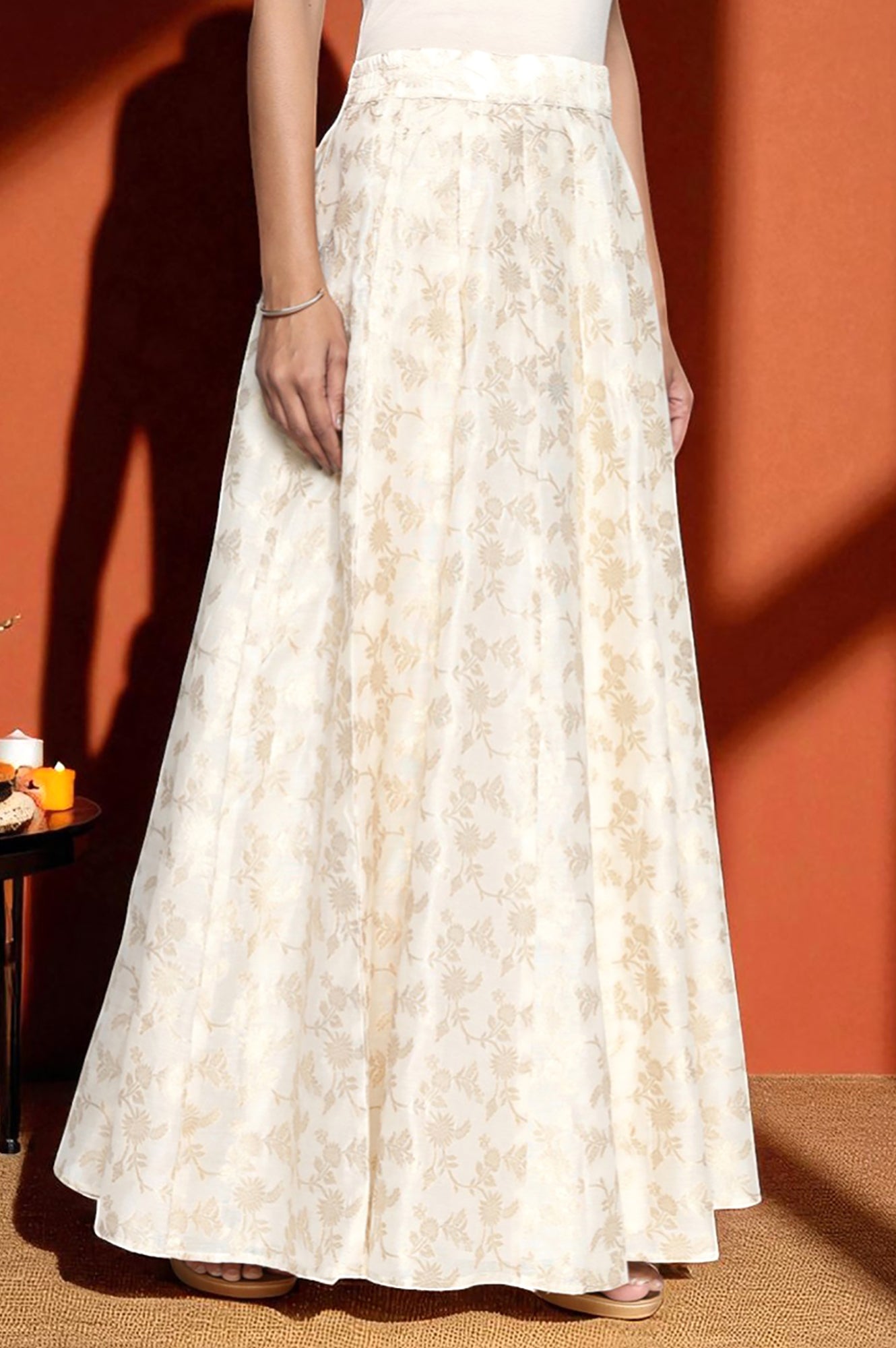 Buy Cream Yarn Dyed Printed Jacquard BD Skirt Online for Woman