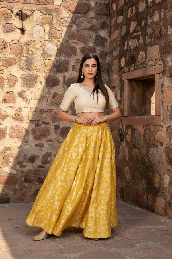 Yellow Floral Thread Work Flared Jacquard Skirt
