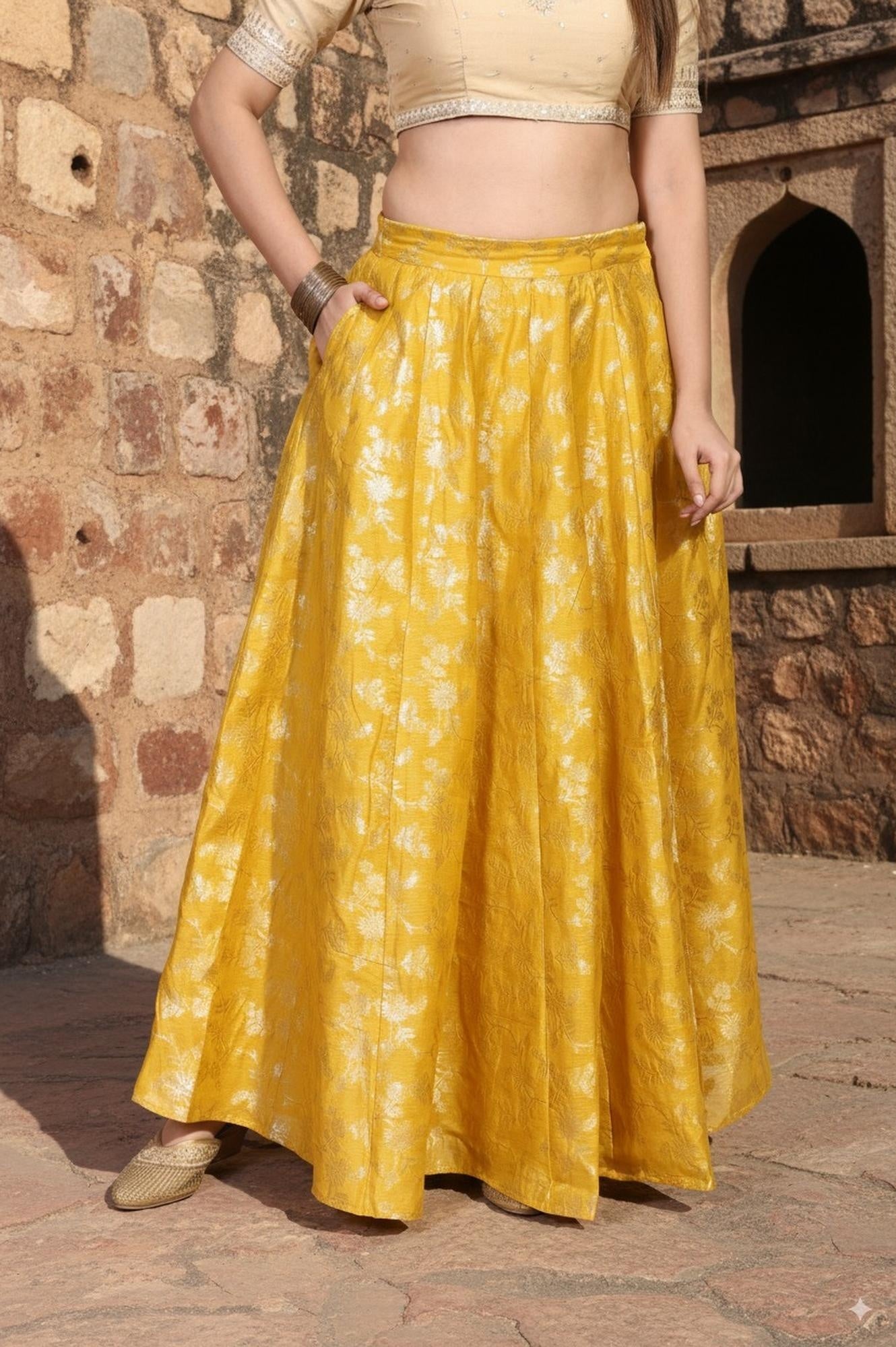 Yellow Floral Thread Work Flared Jacquard Skirt