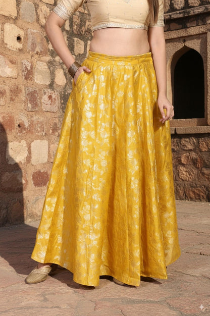 Yellow Floral Thread Work Flared Jacquard Skirt