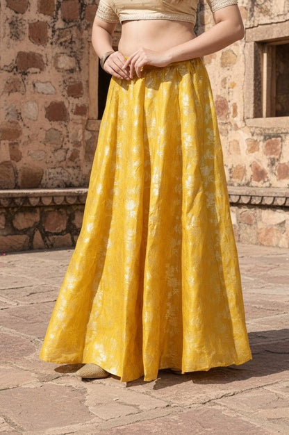 Yellow Floral Thread Work Flared Jacquard Skirt