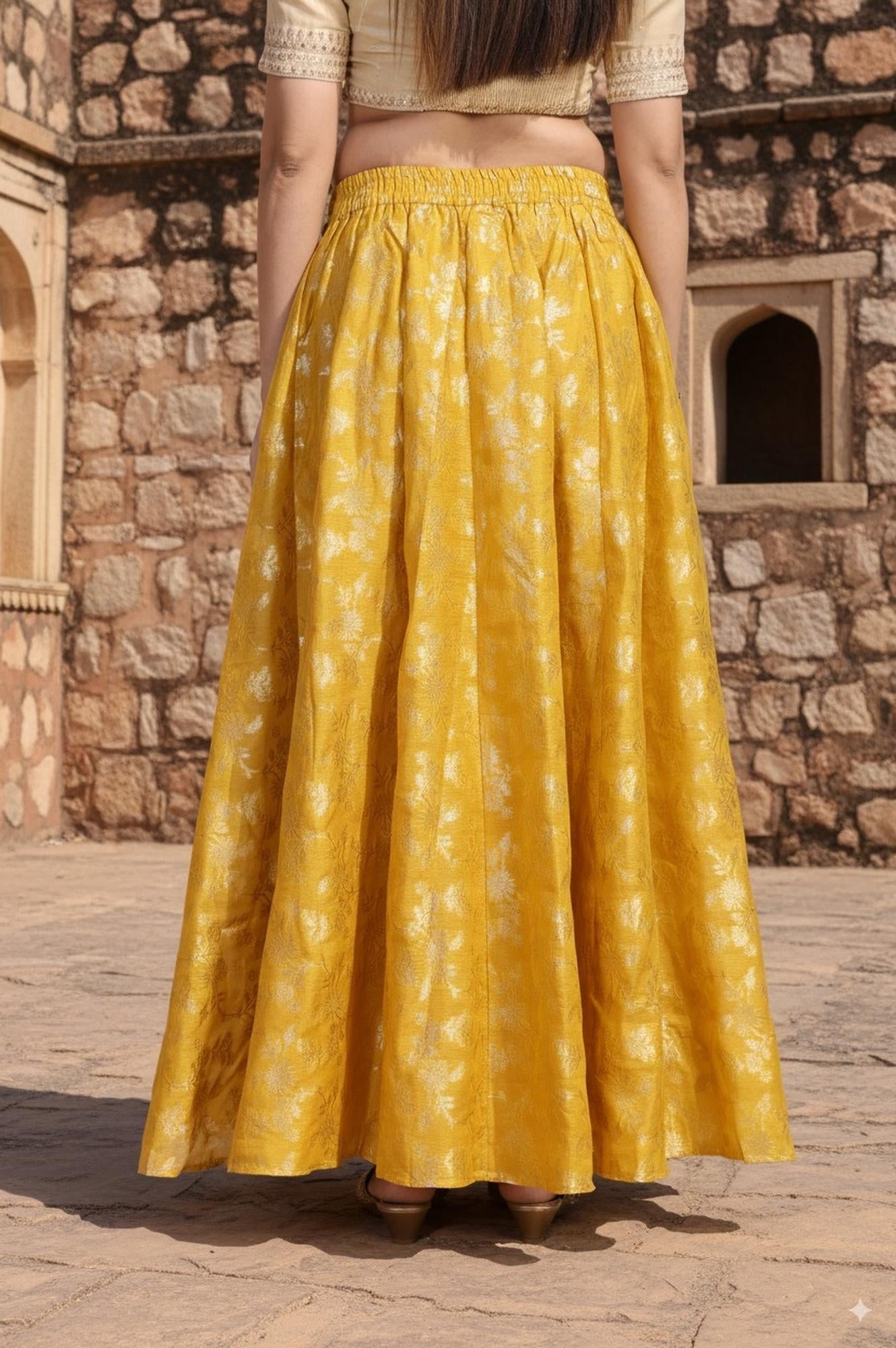 Yellow Floral Thread Work Flared Jacquard Skirt