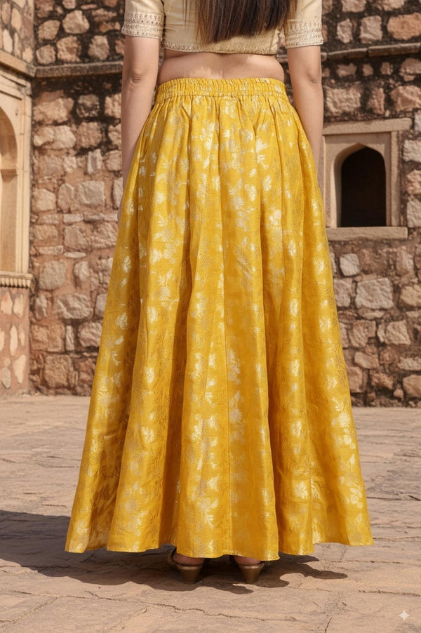 Yellow Floral Thread Work Flared Jacquard Skirt