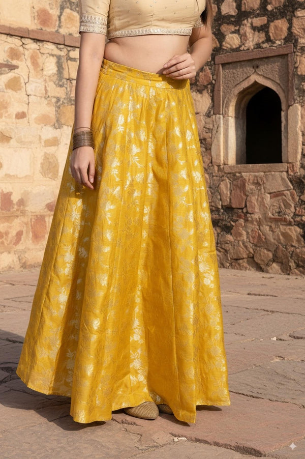 Yellow Floral Thread Work Flared Jacquard Skirt