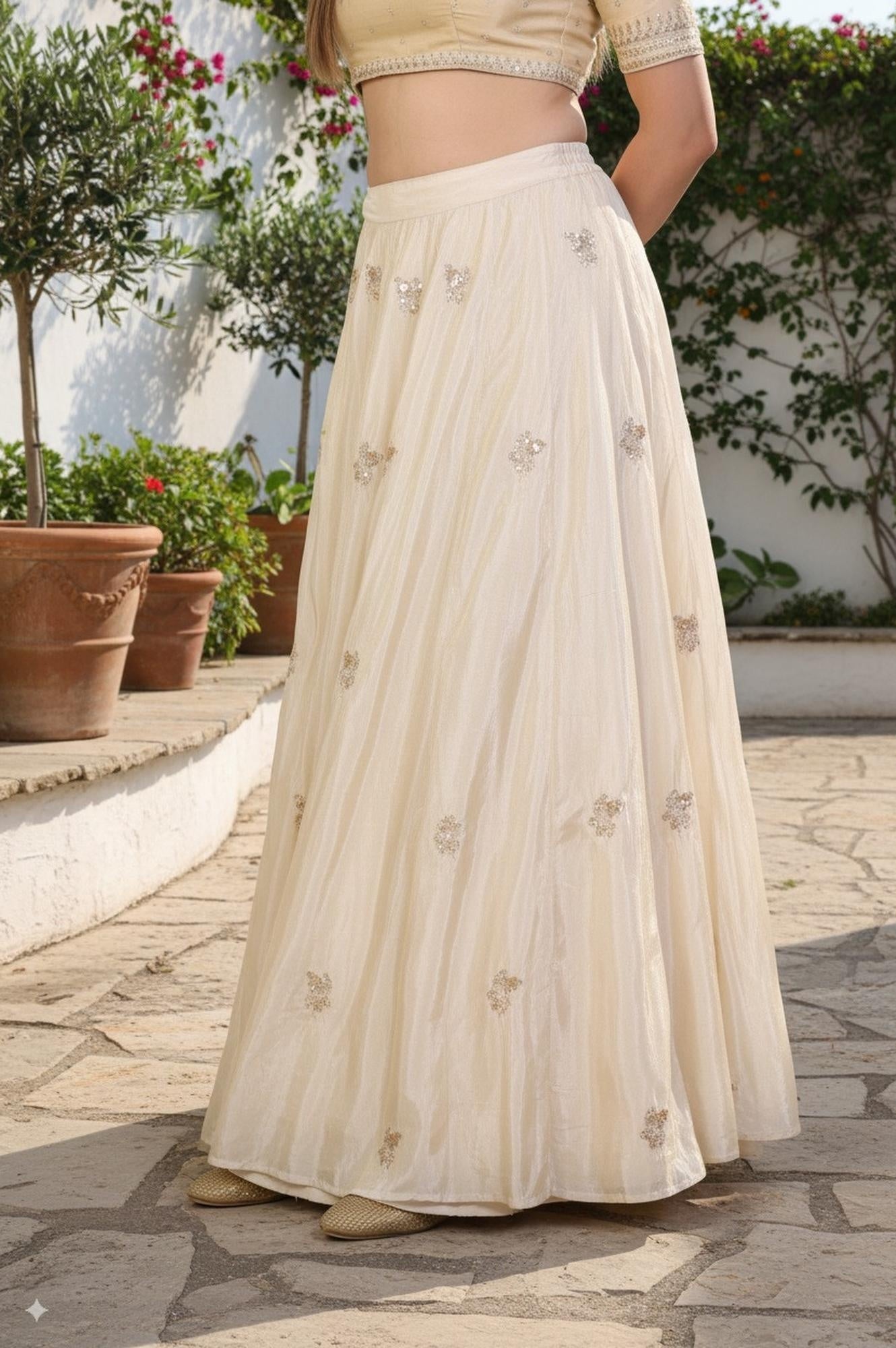 Beige Floral Sequined Flared Tissue Skirt