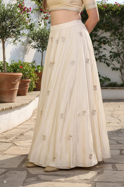 Beige Floral Sequined Flared Tissue Skirt