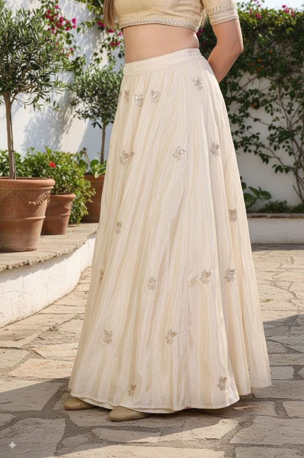 Beige Floral Sequined Flared Tissue Skirt