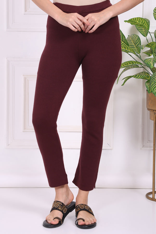 Maroon Solid Blend Ankle Length Slim Fit Straight Pants
