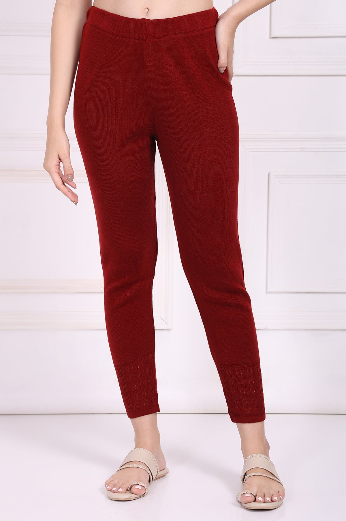 Red Solid Acrylic Winter Legging - S