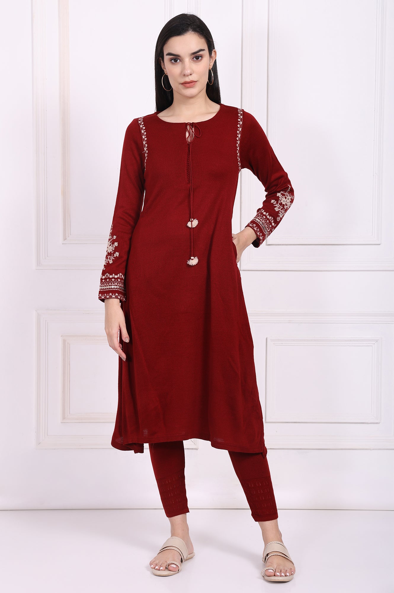 Red Solid Acrylic Winter Legging