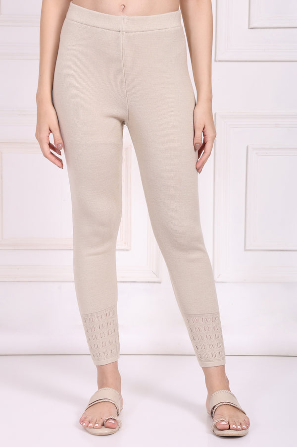 Beige Solid Acrylic Winter Legging