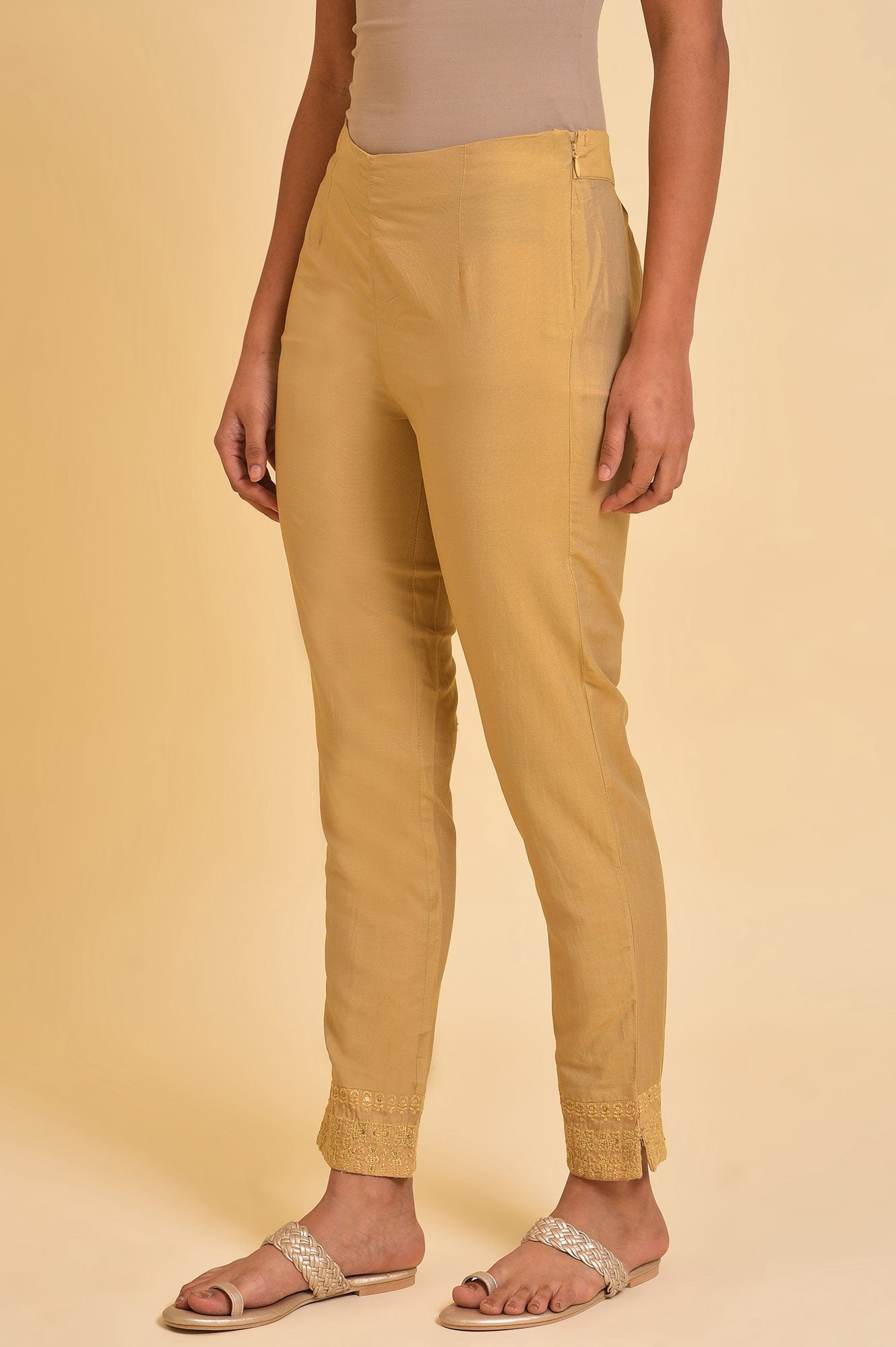 Beige Embroidered Slim Fit Rayon Culottes