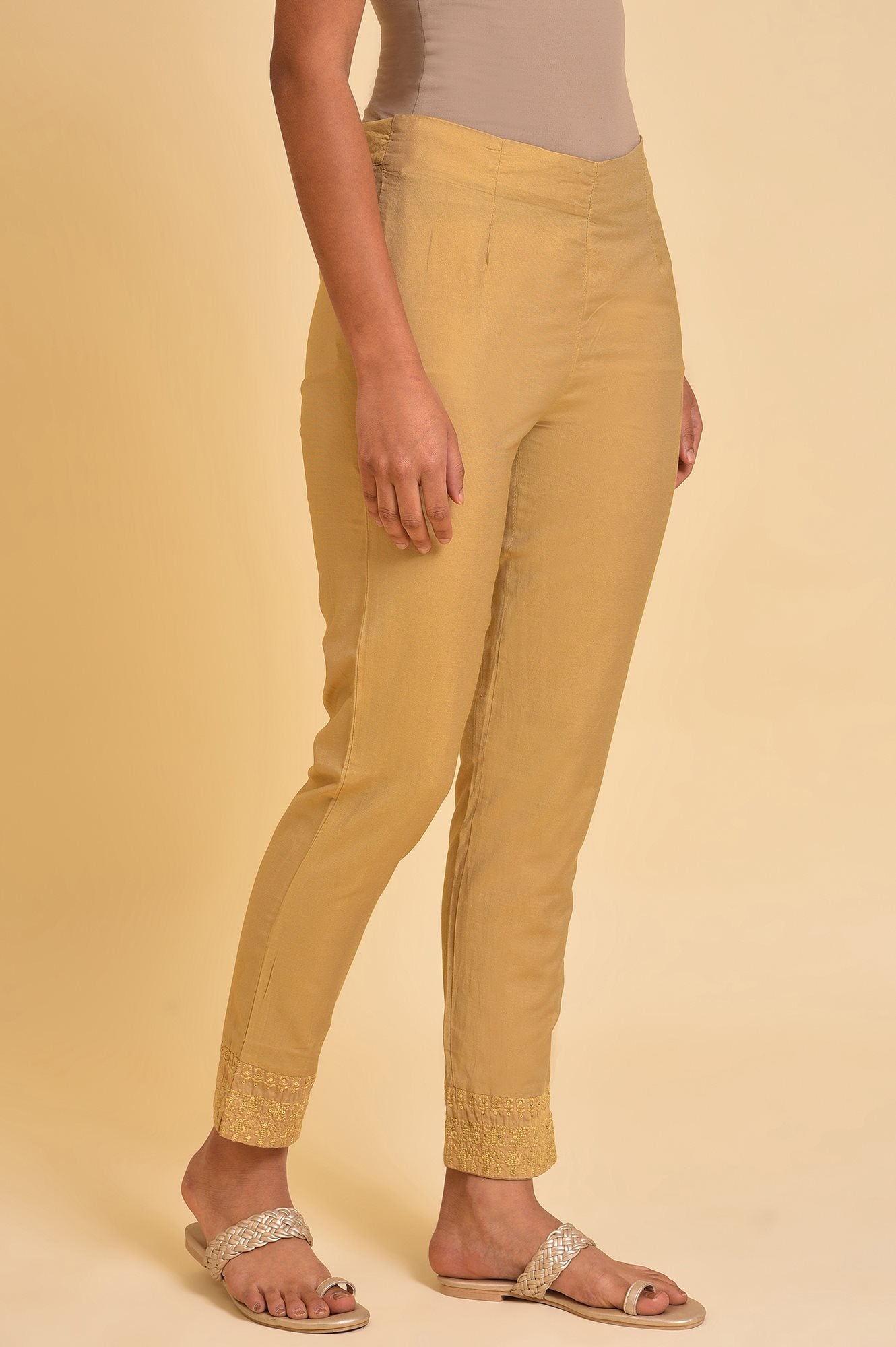 Beige Embroidered Slim Fit Rayon Culottes