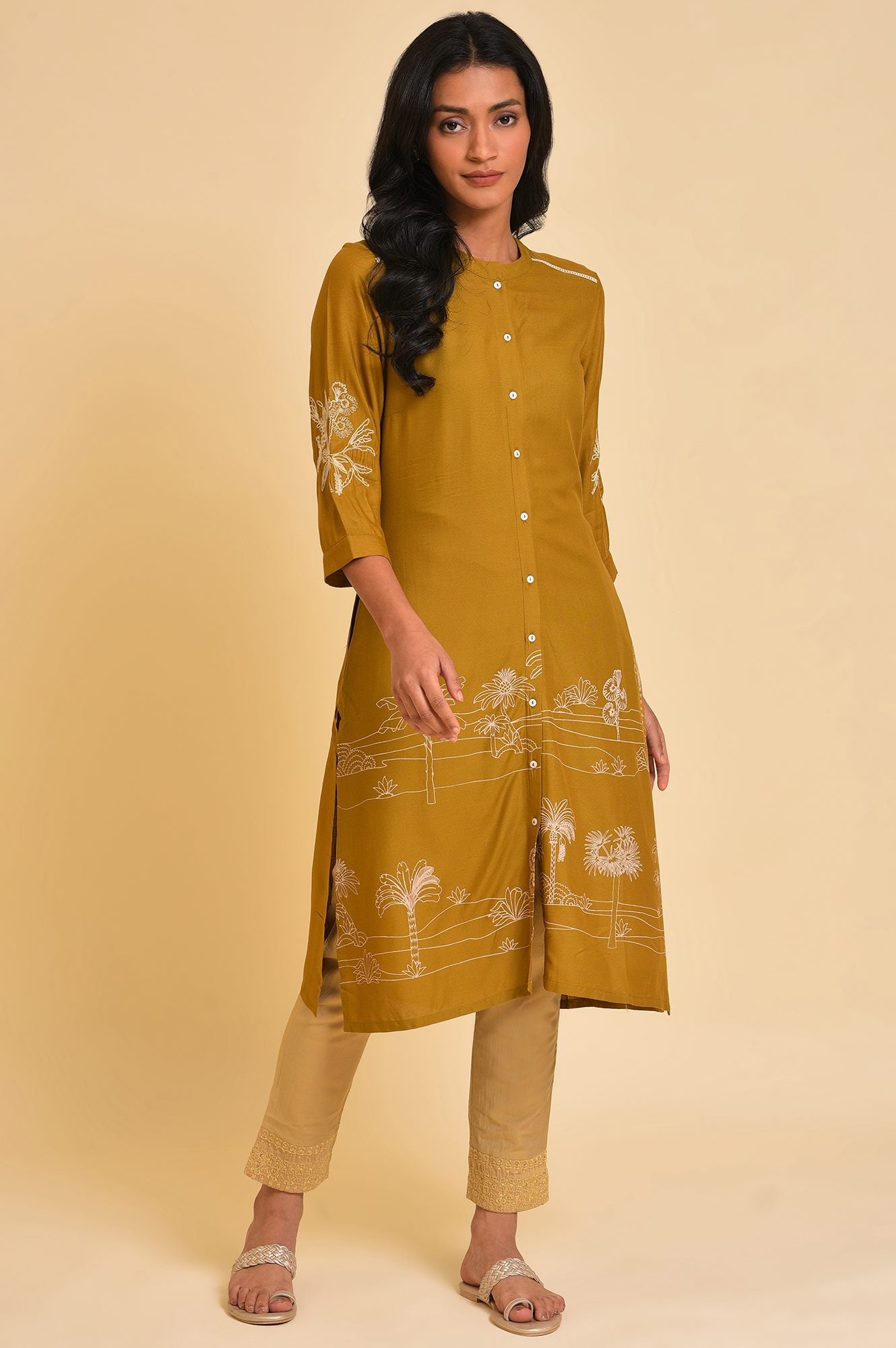 Beige Embroidered Slim Fit Rayon Culottes